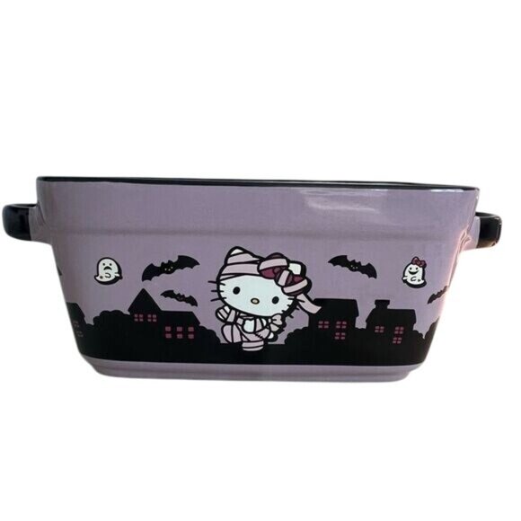 Halloween Purple Rectangular Ceramic Baking Dish W/ Handles 1.5 Qt Ghosts & Bat - Picture 2 of 7